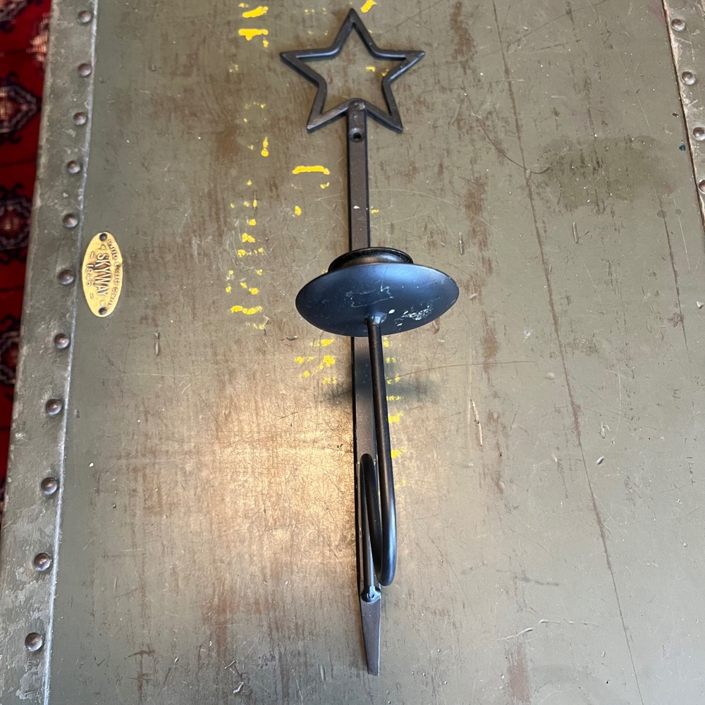 Vintage Black Wrought Iron Star Wall Sconce Taper Candle Holder Primitive Rustic